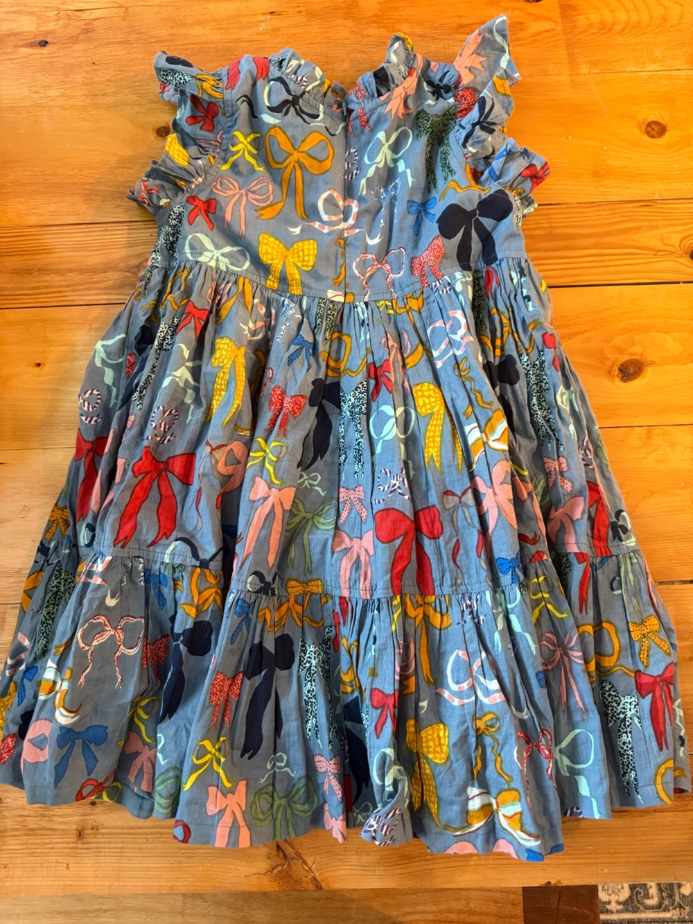 Pink Chicken Blue Bow-Print Tiered Dress with Multicolor Bows
